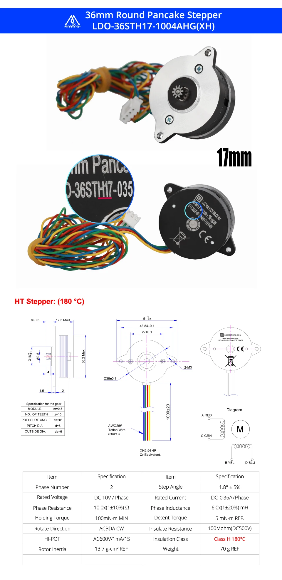 Mellow High Temperature LDO NEMA14 36mm Motor LDO-36STH17-0354AHG/LDO-36STH20-1004AHG For Orbiter/Sherpa Mini Extruder Voron 2.4