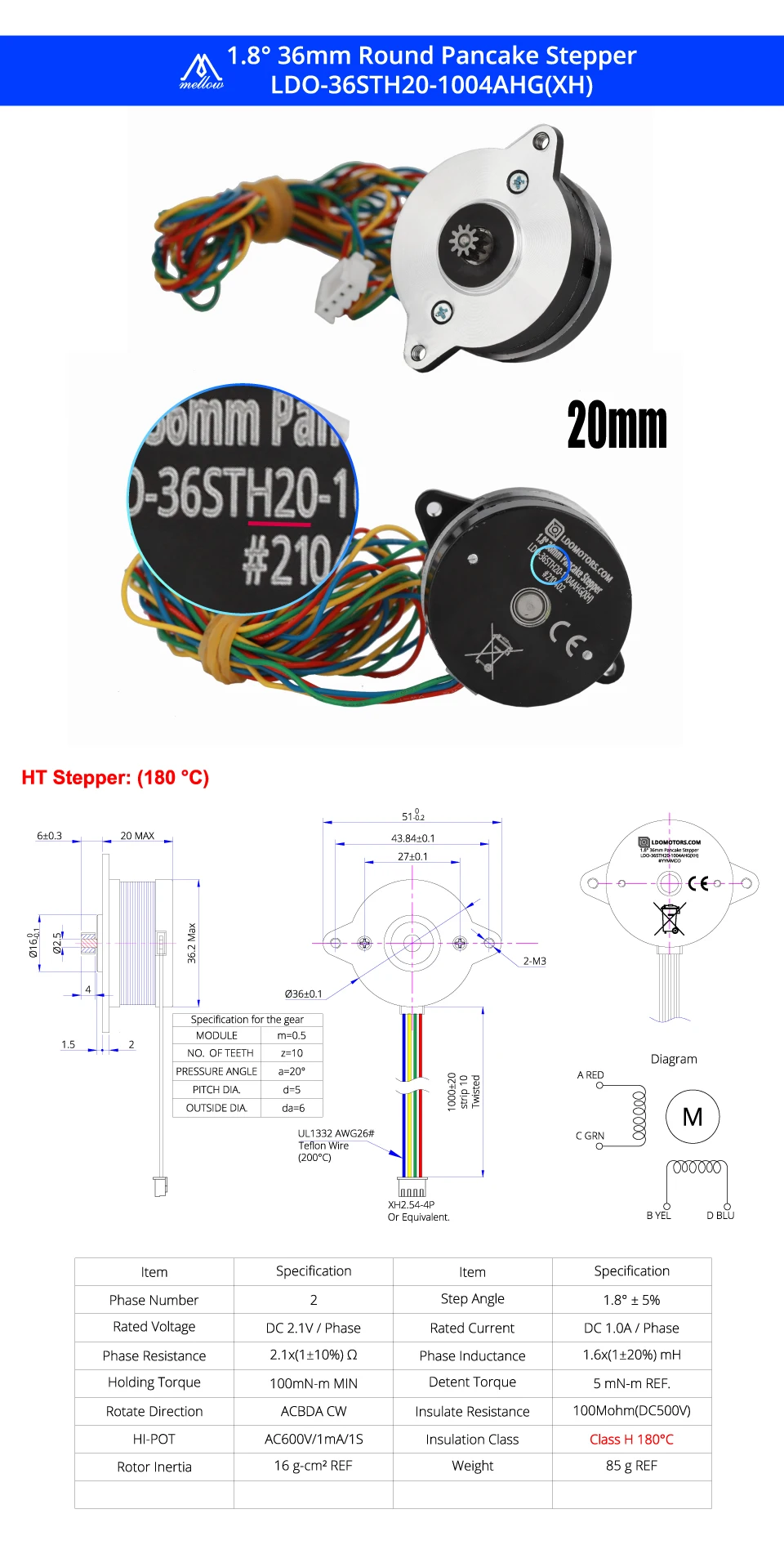 Mellow High Temperature LDO NEMA14 36mm Motor LDO-36STH17-0354AHG/LDO-36STH20-1004AHG For Orbiter/Sherpa Mini Extruder Voron 2.4