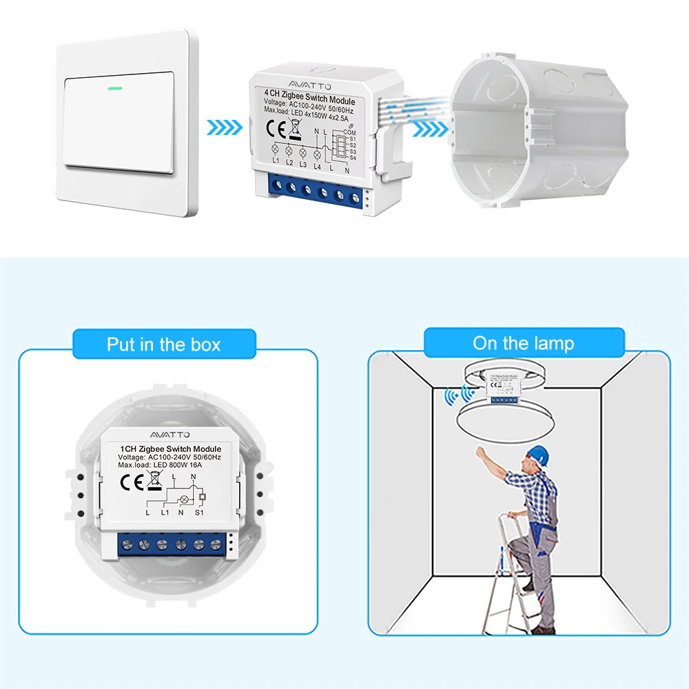 AVATTO Tuya Smart Zigbee Switch Module 2 Way Control, Smart Home 1/2/3/4 Gang Automation DIY Breaker Work for Alexa Google Home