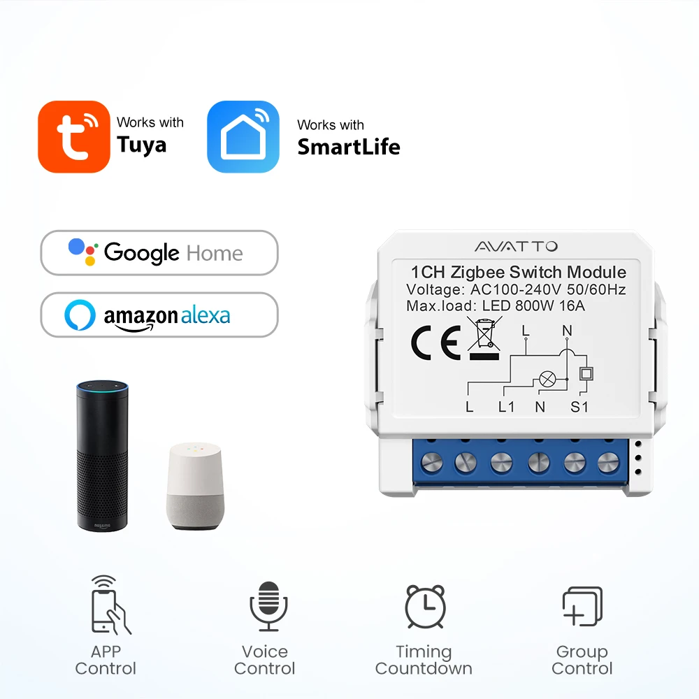 AVATTO Tuya Smart Zigbee Switch Module 2 Way Control, Smart Home 1/2/3/4 Gang Automation DIY Breaker Work for Alexa Google Home