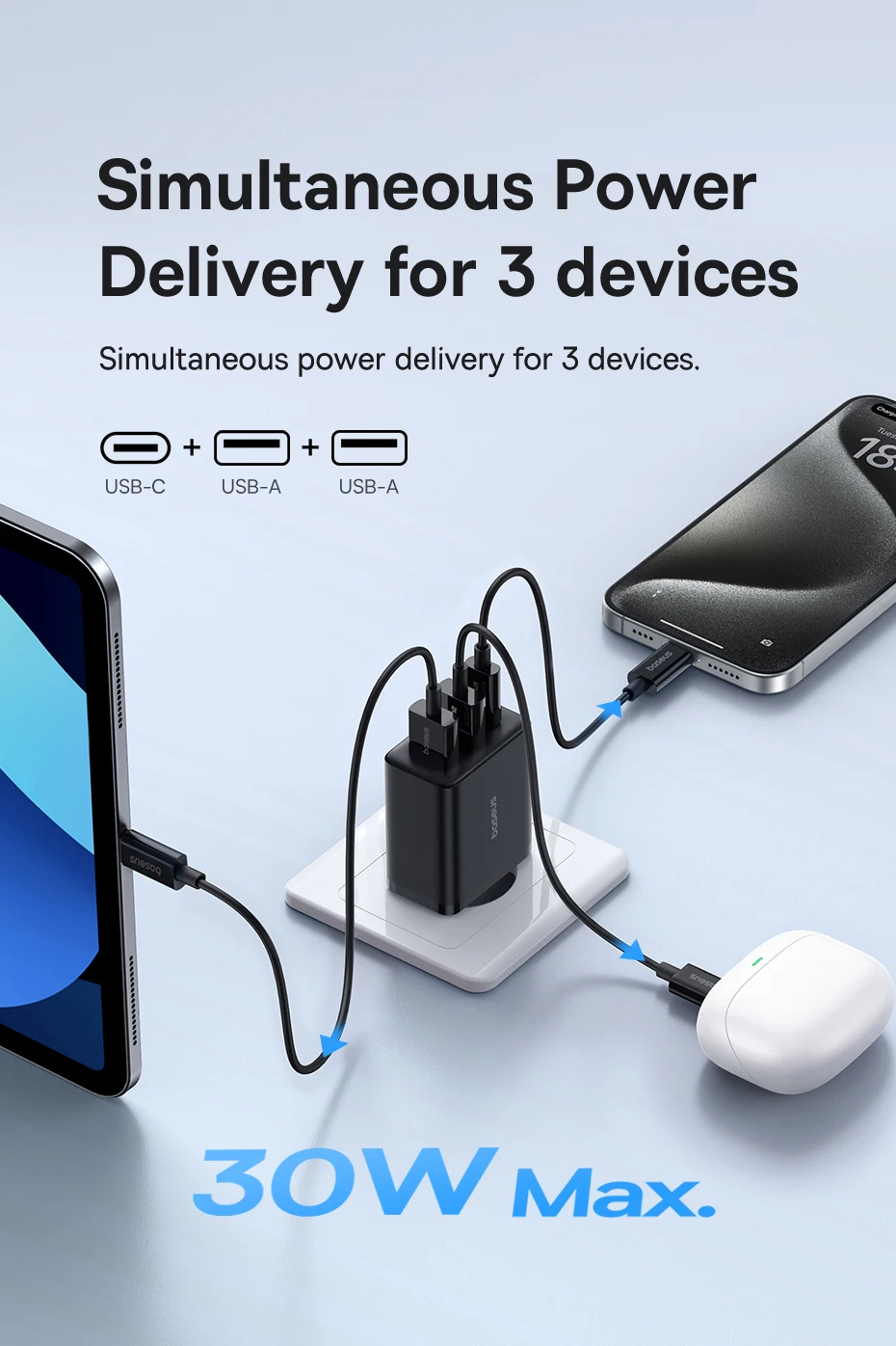 Baseus 30W USB Charger QC PD3.0 Type C PD Fast Charging Quick Phone Charger For iPhone 17 16 15 14 13 12 Pro Max Xiaomi Samsung