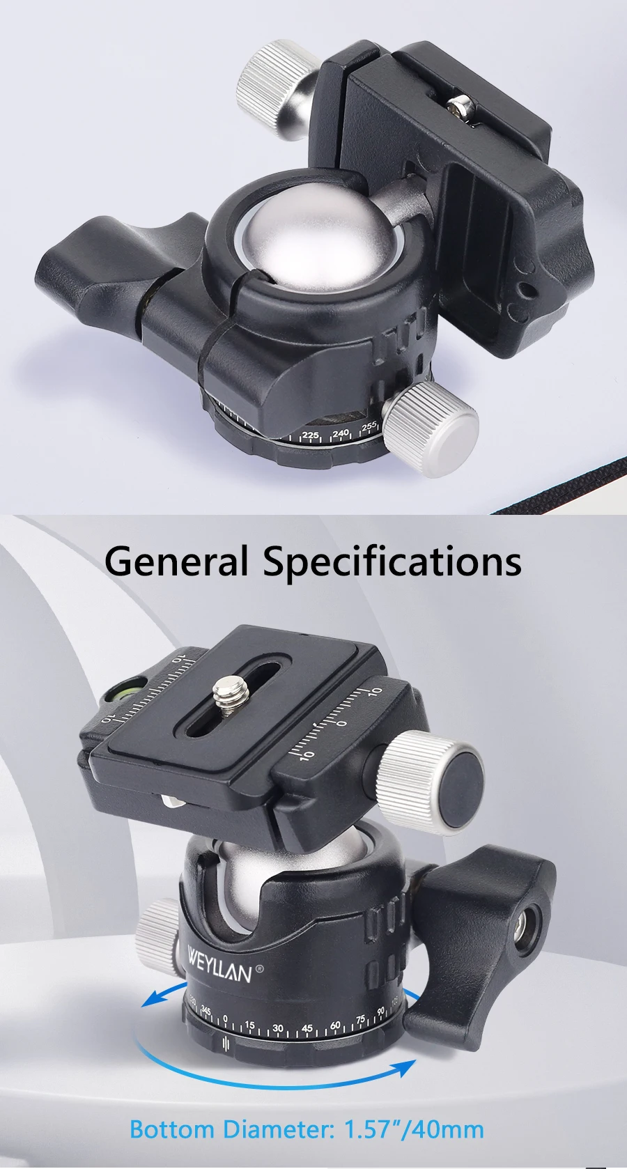 Tripod Head Universal Ball Head All Metal Low Profile Panoramic Video Ballhead Quick Release Plate for Tripod DSLR Monopod EH30S