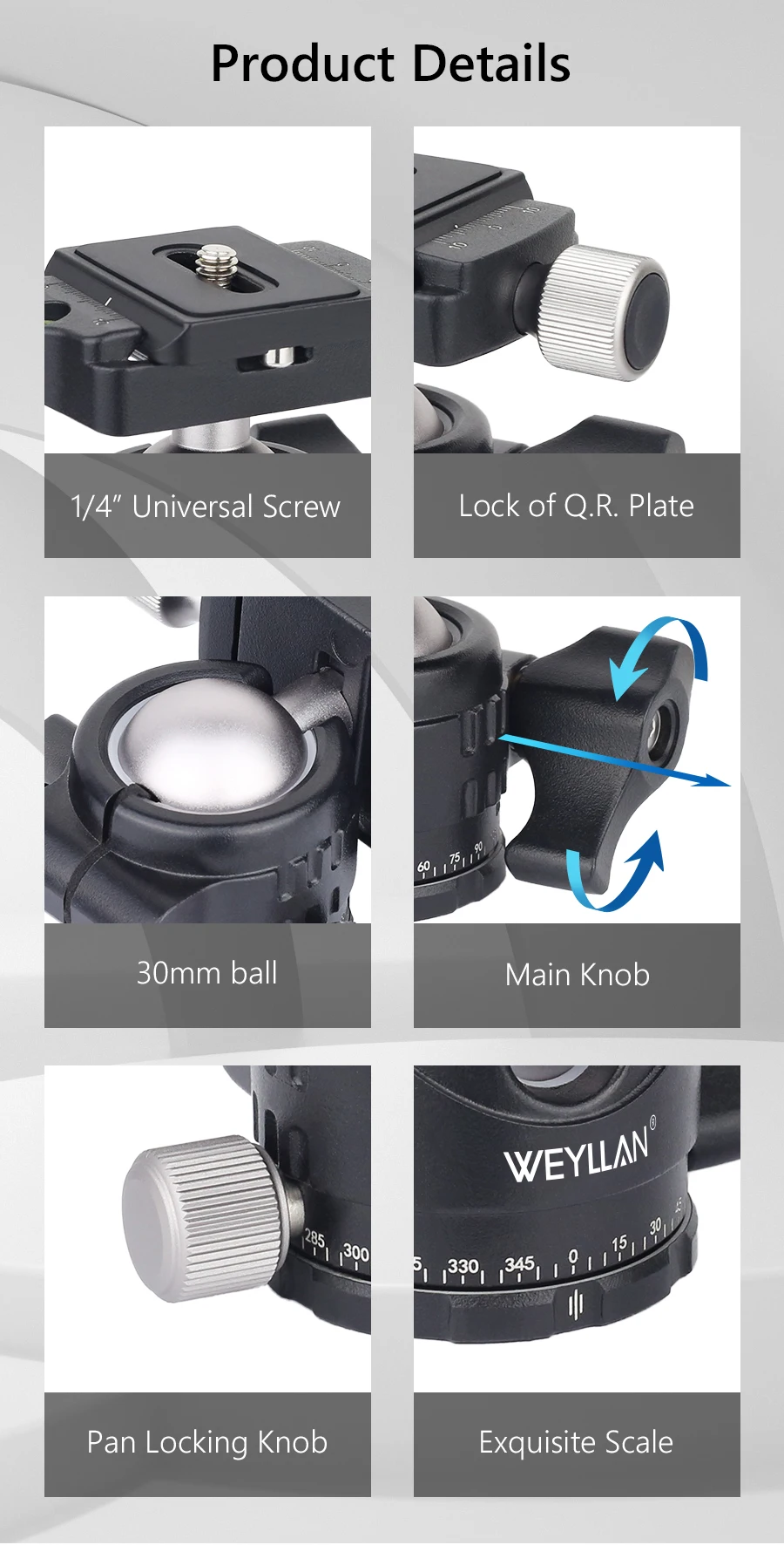 Tripod Head Universal Ball Head All Metal Low Profile Panoramic Video Ballhead Quick Release Plate for Tripod DSLR Monopod EH30S