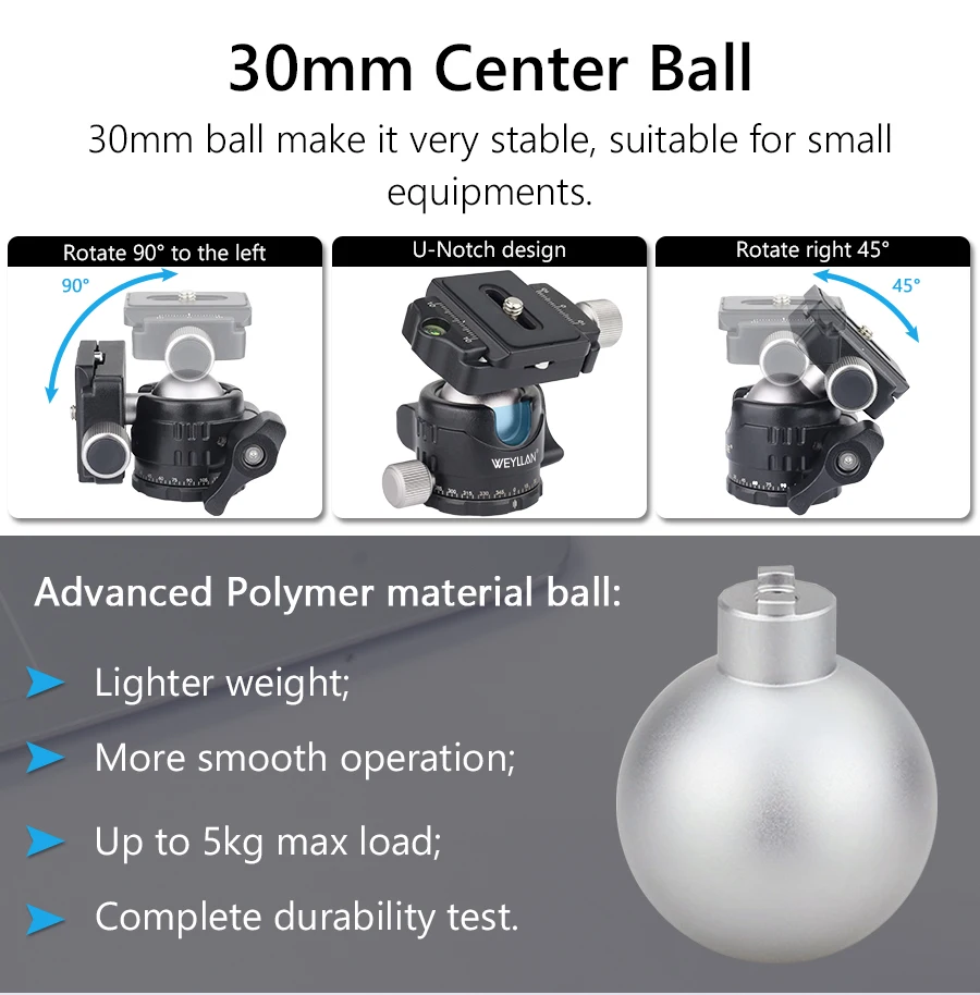 Tripod Head Universal Ball Head All Metal Low Profile Panoramic Video Ballhead Quick Release Plate for Tripod DSLR Monopod EH30S