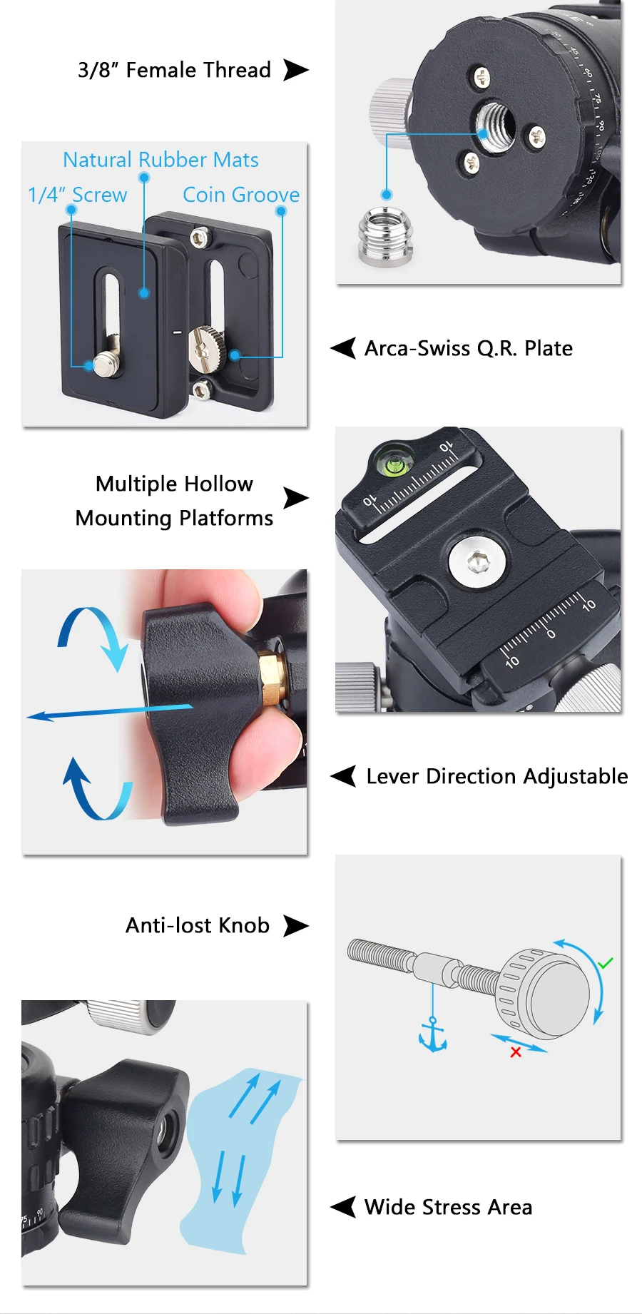 Tripod Head Universal Ball Head All Metal Low Profile Panoramic Video Ballhead Quick Release Plate for Tripod DSLR Monopod EH30S