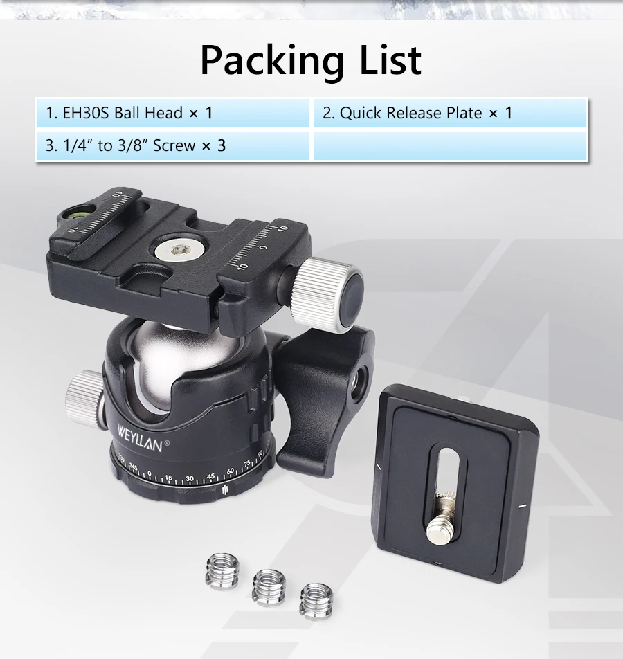 Tripod Head Universal Ball Head All Metal Low Profile Panoramic Video Ballhead Quick Release Plate for Tripod DSLR Monopod EH30S