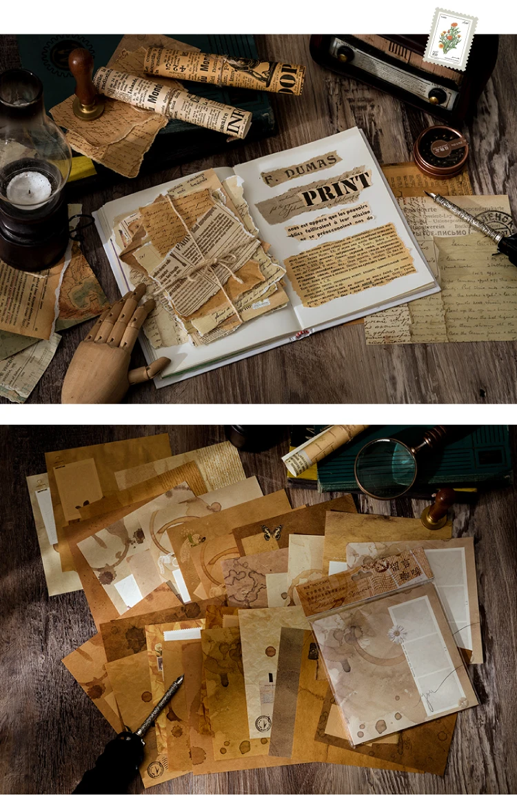 Yoofun 30 sheets Vintage Material Paper for Scrapbooking Journal Diary Collage Junk Background Decoration Retro Stationery