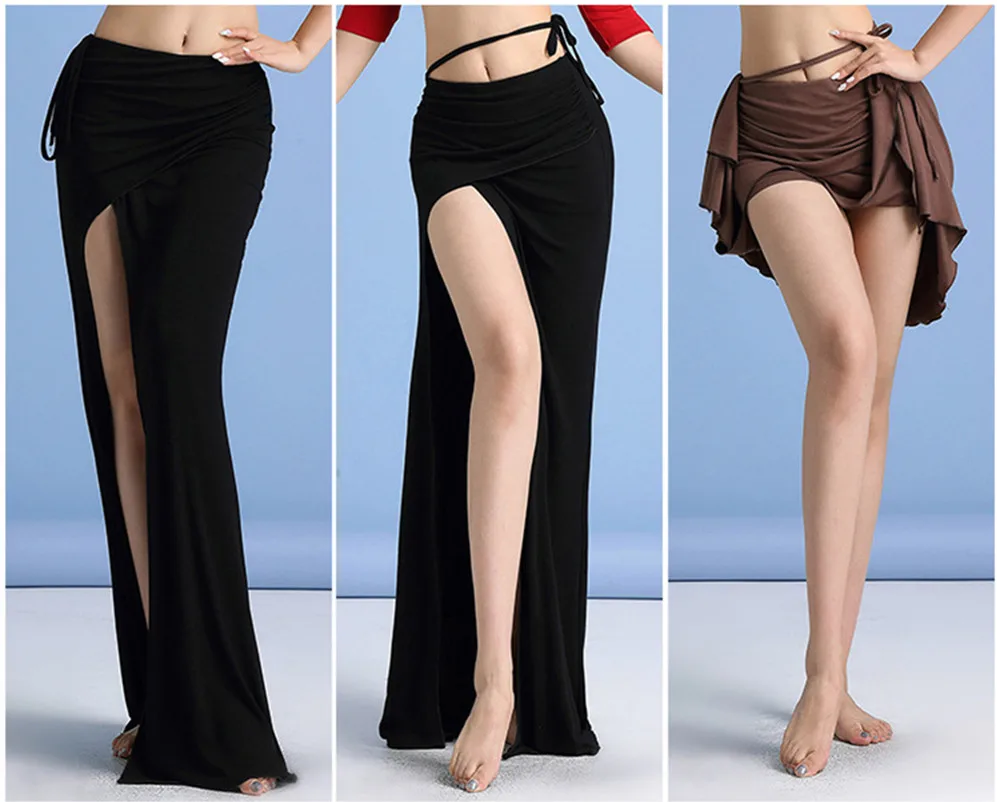 Sexy Modal Belly Dance Costume High Waist Draw String Long Skirt Side Split Slim Dancer Practice Wear Comfortable Black Adult XL