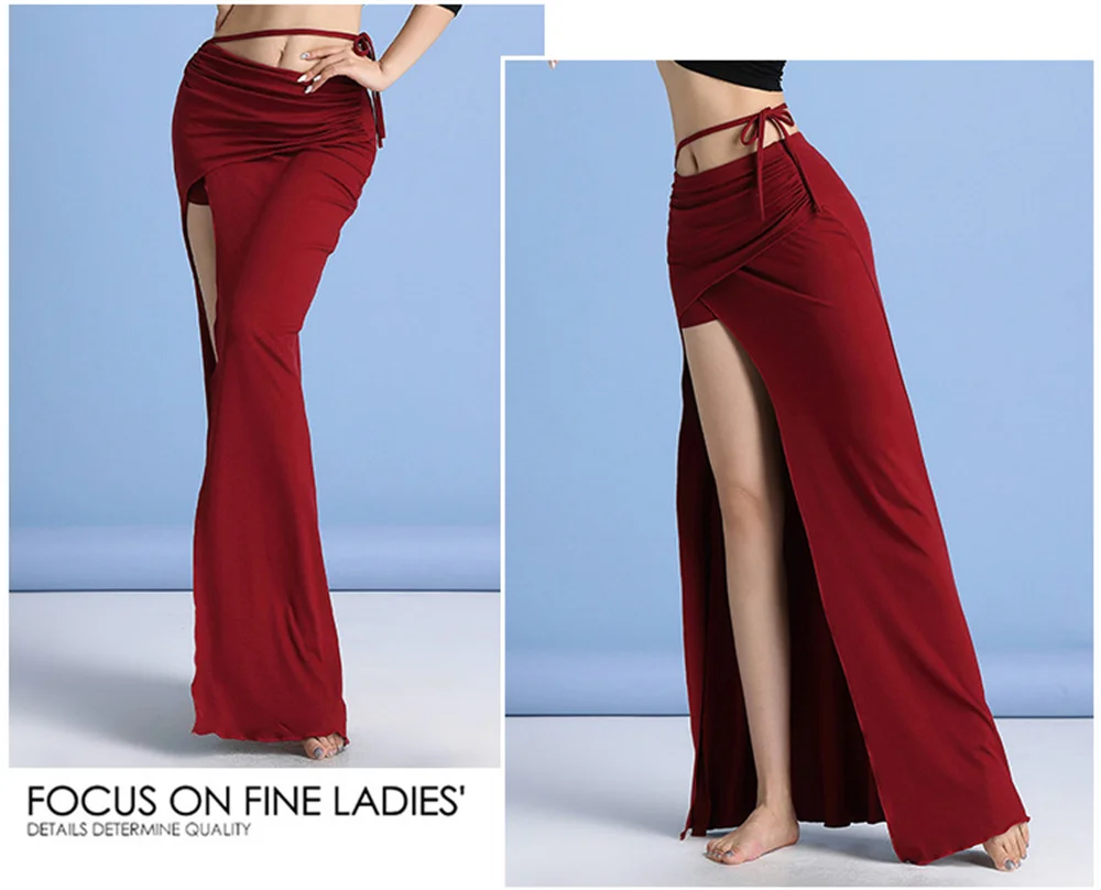 Sexy Modal Belly Dance Costume High Waist Draw String Long Skirt Side Split Slim Dancer Practice Wear Comfortable Black Adult XL