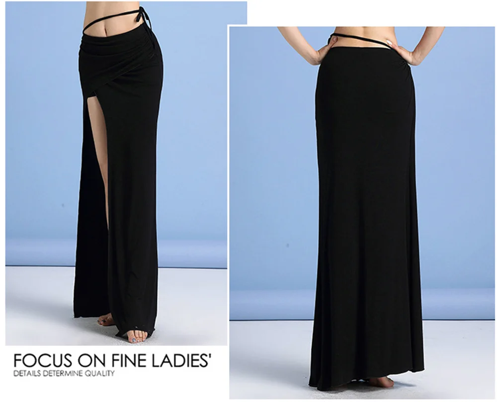 Sexy Modal Belly Dance Costume High Waist Draw String Long Skirt Side Split Slim Dancer Practice Wear Comfortable Black Adult XL