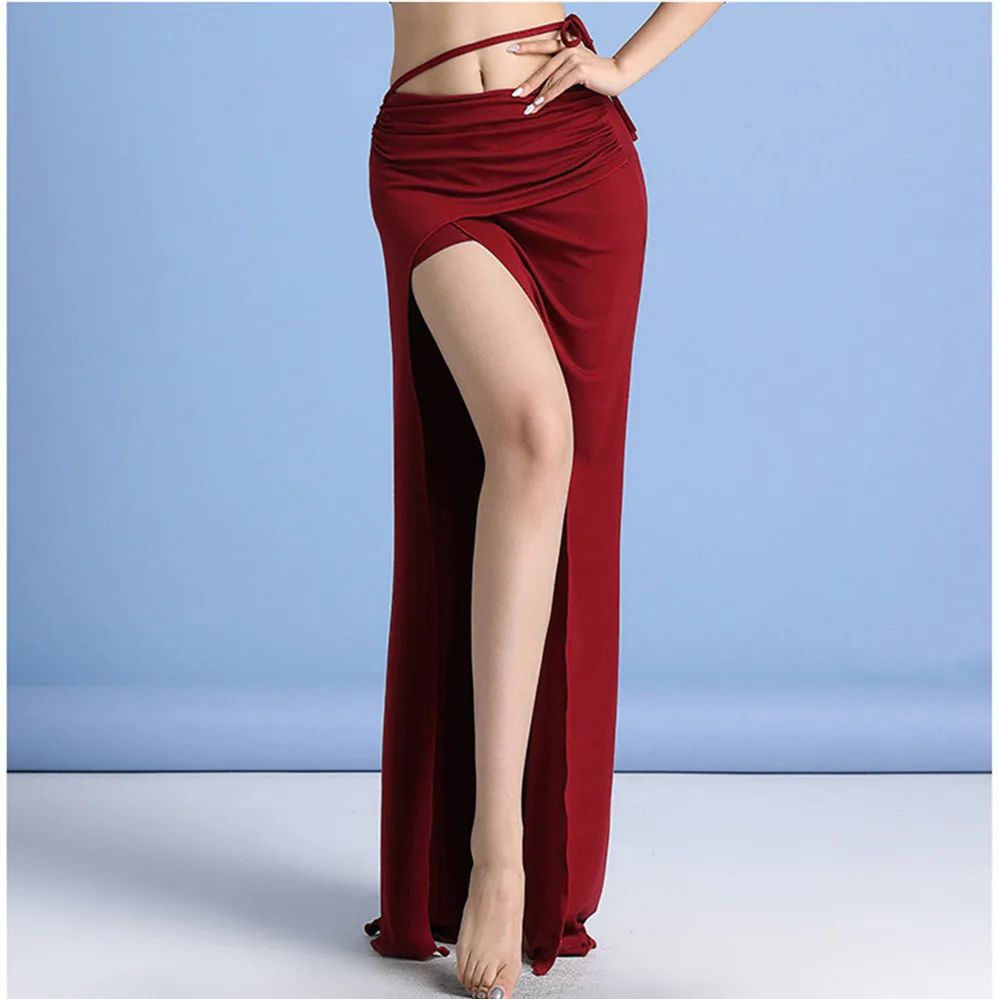 Sexy Modal Belly Dance Costume High Waist Draw String Long Skirt Side Split Slim Dancer Practice Wear Comfortable Black Adult XL