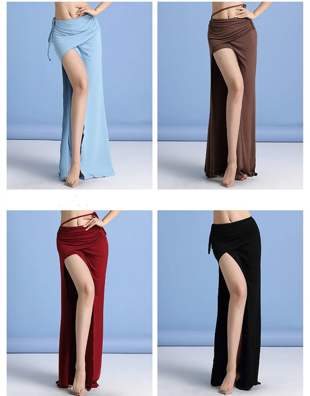 Sexy Modal Belly Dance Costume High Waist Draw String Long Skirt Side Split Slim Dancer Practice Wear Comfortable Black Adult XL