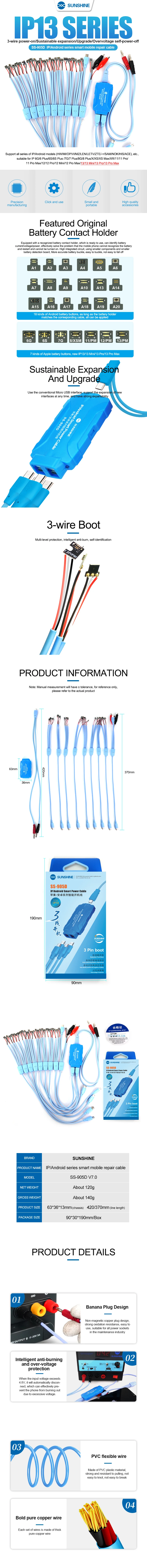 SS-905D V9.0 Service DC Power Supply Current Testing Cable For Android iPhone 6G~15/Plus/Pro Max IPhone Power Boot Control Line