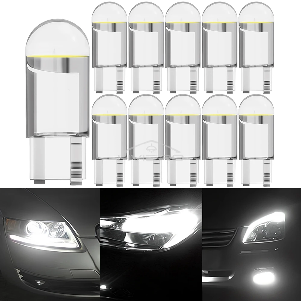 2PCS W5W 194 T10 Glass Housing Cob LED Home Bulb 6000K Wedge License Plate Lamp Dome Light White Diedo Auto Interior Read 12V DC