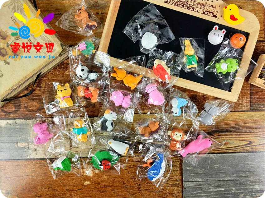 30/Pcs Creative Cute Animal Eraser Individual Package Detachable Eraser Student Prize Stationery Wholesale