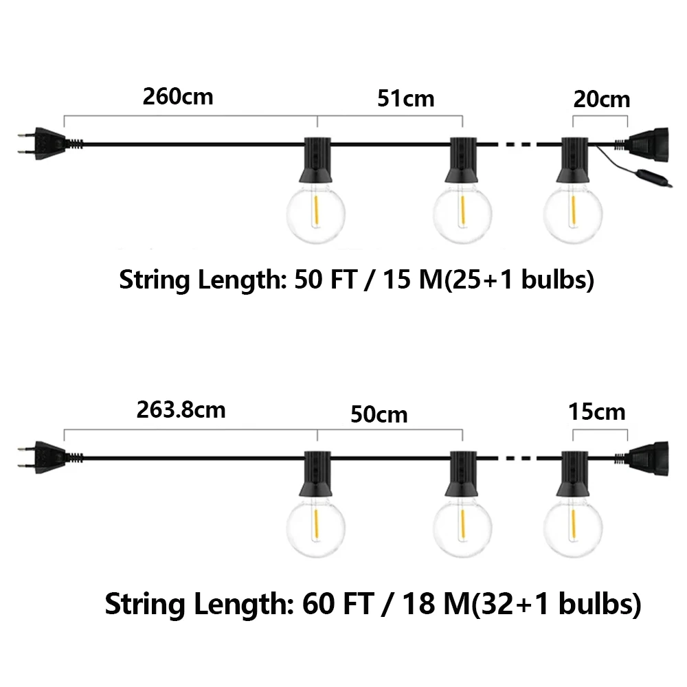 LED String Light G40 Shatterproof Light String IP44 Patio Light Outdoor Garland Light For Garden Wedding Decoration 18M 26M 45M