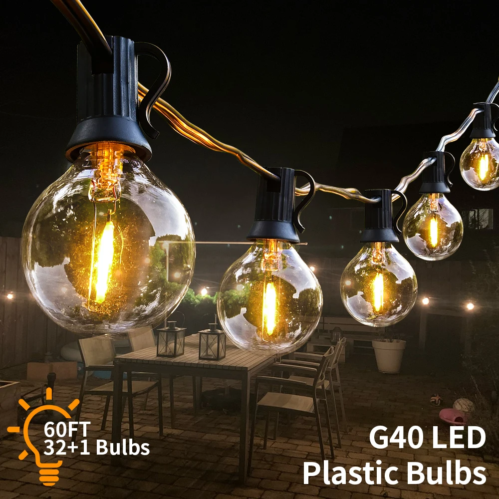 LED String Light G40 Shatterproof Light String IP44 Patio Light Outdoor Garland Light For Garden Wedding Decoration 18M 26M 45M