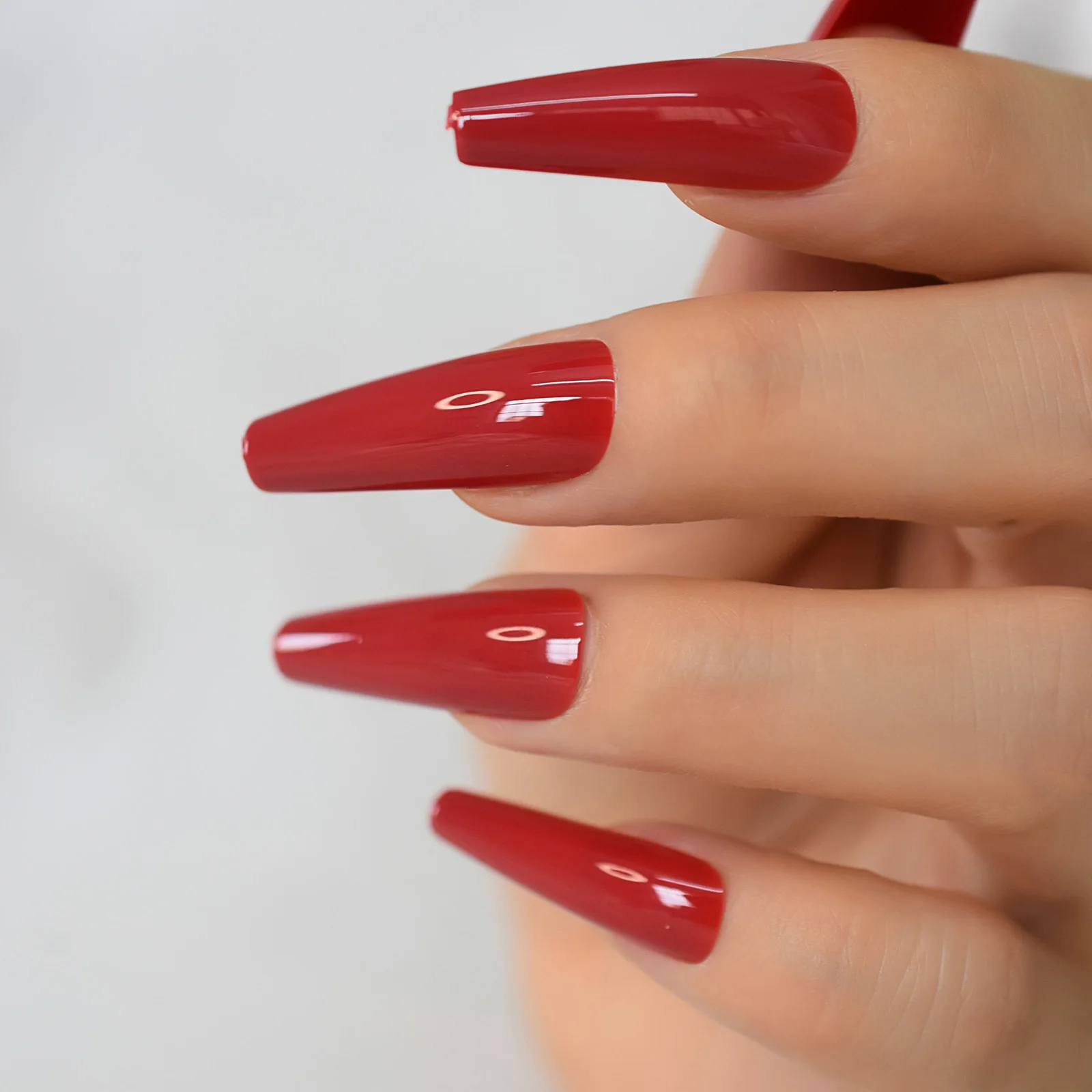 Red Hot Fake Nails Extra Long Coffin Artificial Nails Press On Solid Color Gel Shine Acrylic Ballerina Nail Tips Salon Tool