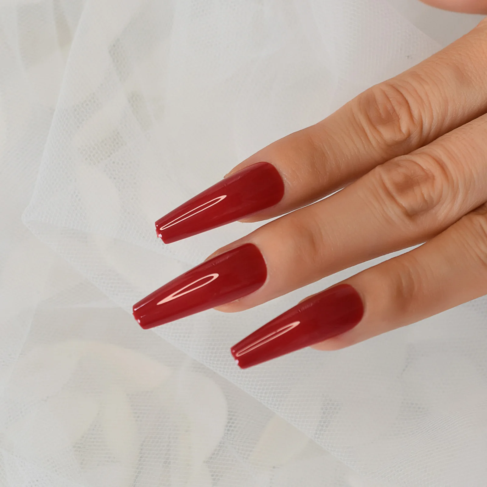 Red Hot Fake Nails Extra Long Coffin Artificial Nails Press On Solid Color Gel Shine Acrylic Ballerina Nail Tips Salon Tool