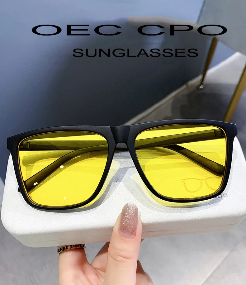 OEC CPO Square Men Sunglasses Big Frame Sunglasses Women Fashion Yellow Lens Sun Glasses Female Drive Beach Eyewear UV400 Glass