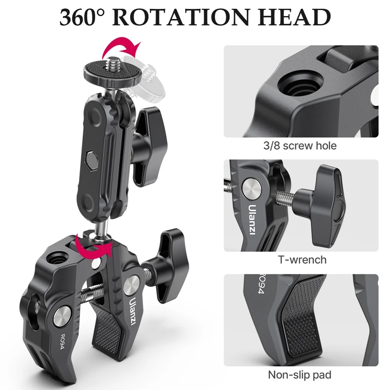 Ulanzi Metal Super Clamp with Double Ballhead Magic Arm for Camera Light Mic Video Monitor Clamp 1/4 3/8 Thread For Rods Hook