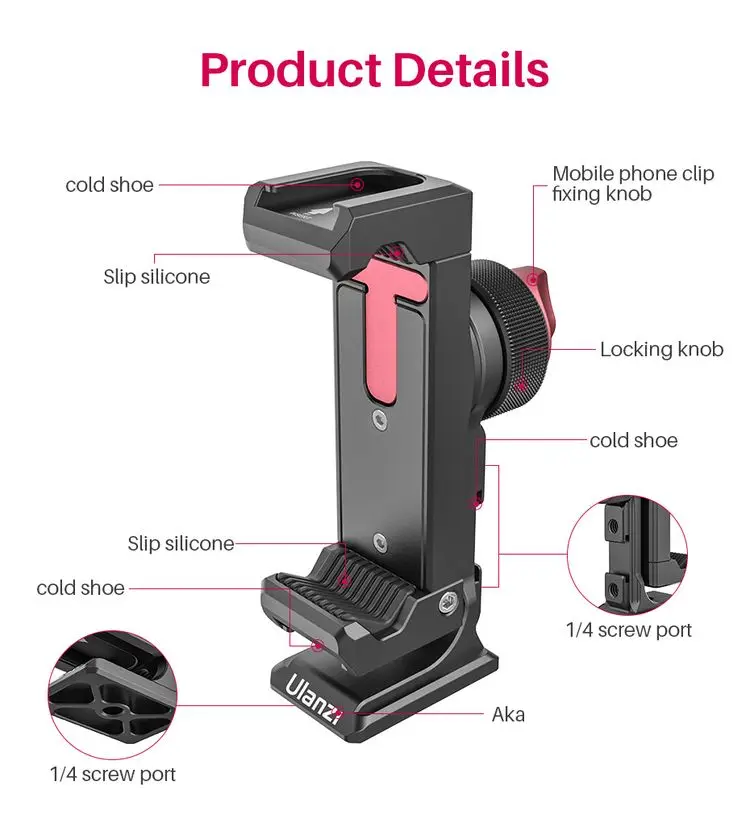 Ulanzi ST-27 Metal Vertical Shooting Phone Mount Holder Clip with Cold Shoe for Rode Wireless Go Microphone Video Light Vlog