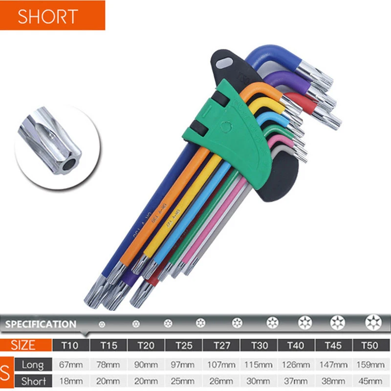 Box End Wrench Set Torx Star Key Screwdriver Ball End Allen Keys Tool L Type 9Pc 1.5mm-10mm Torque Long Metric Socket Wrench Set