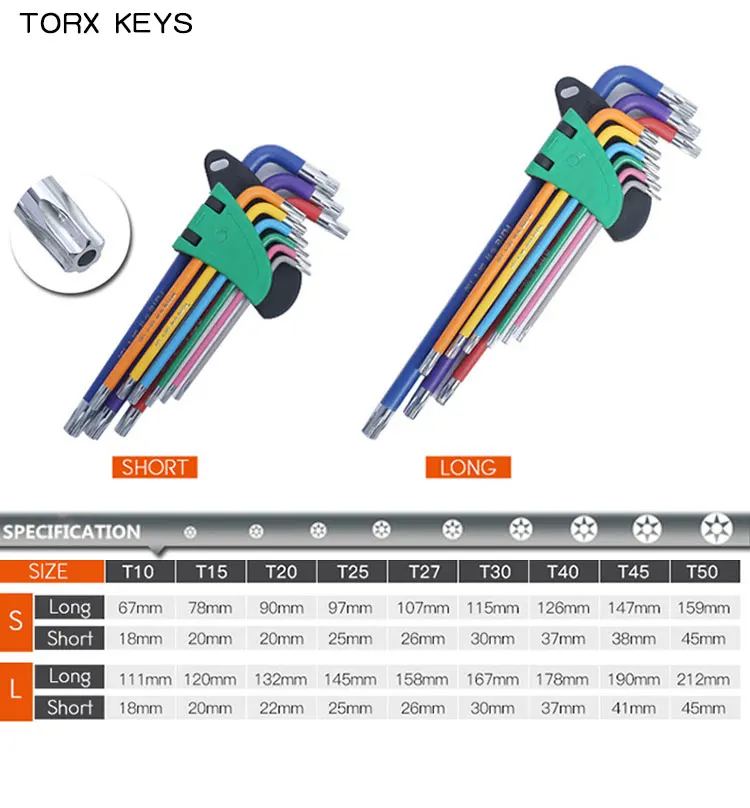 Box End Wrench Set Torx Star Key Screwdriver Ball End Allen Keys Tool L Type 9Pc 1.5mm-10mm Torque Long Metric Socket Wrench Set