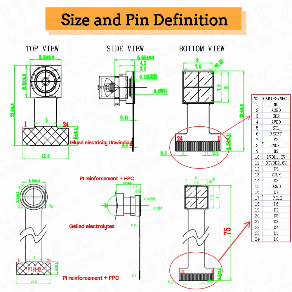 OV2640 21MM Camera Module for ESP32-CAM Camera Module 30 66 120 160 Degree Next 850nm Night Vision 24PIN 0.5MM Pitch