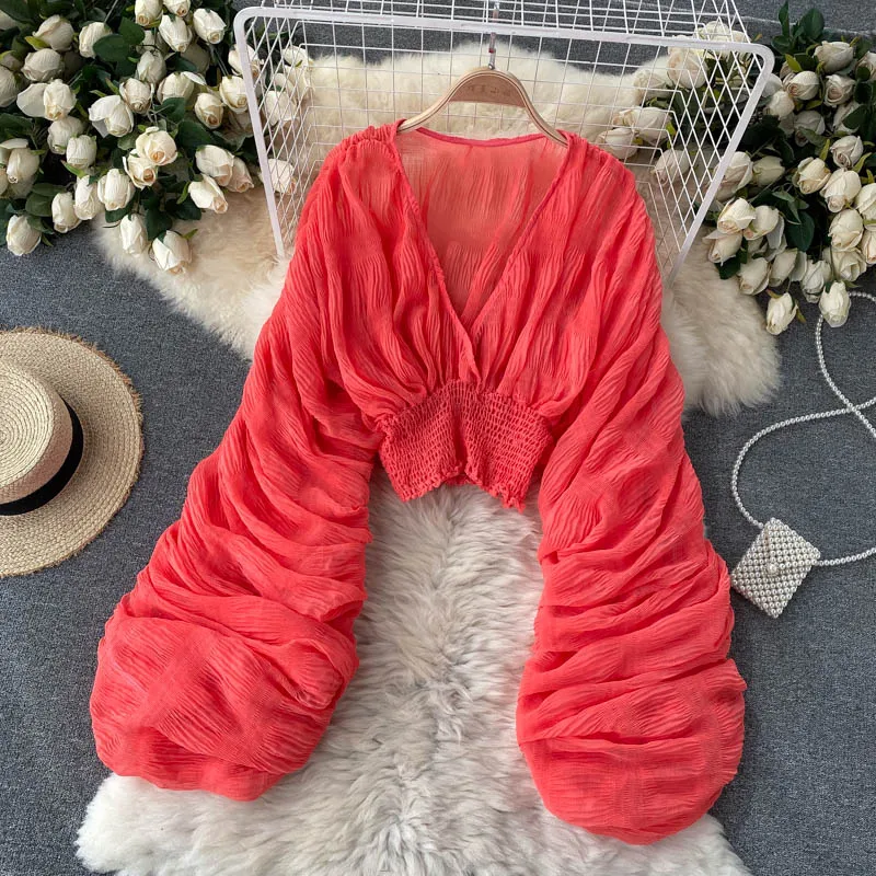 Summer Sexy Draped Chiffon Blouse For Women Elegant V-Neck Puff Long Sleeve Short Tops Female Slim Party Shirts 2022 New Fashion