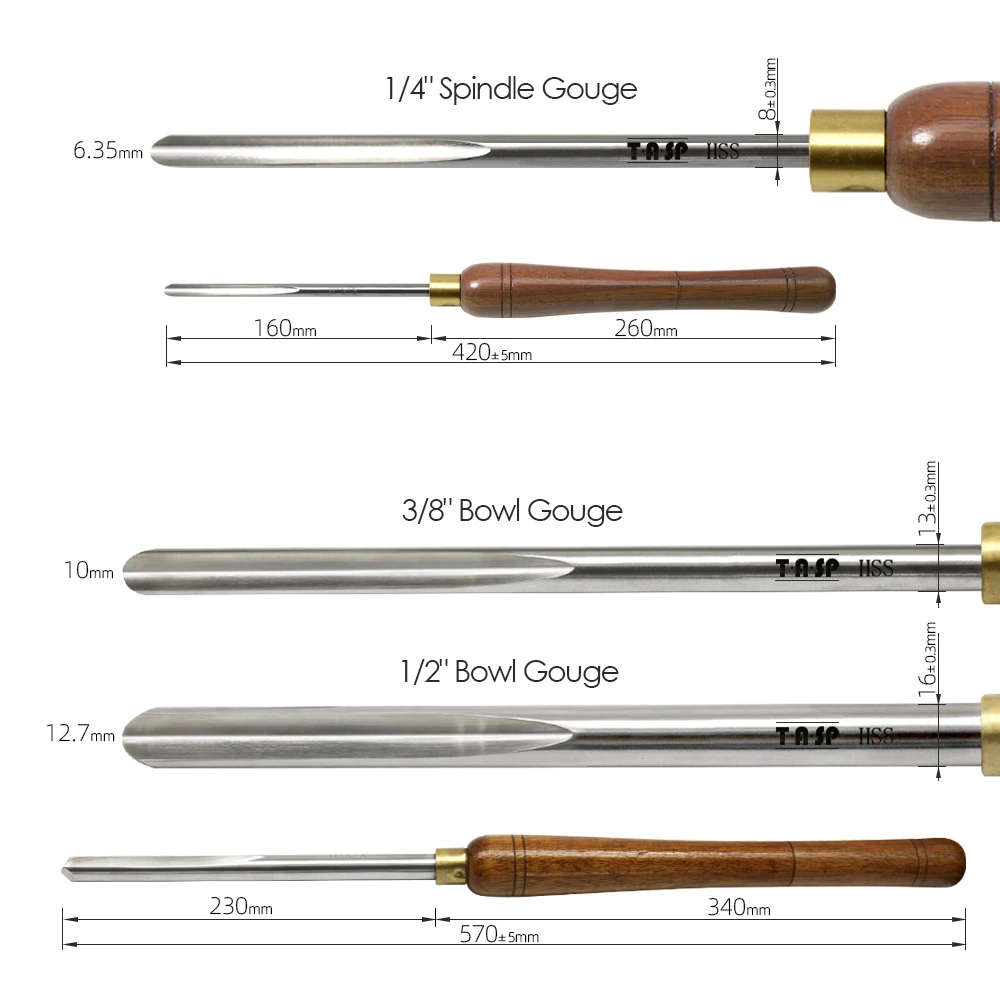 TASP HSS Woodturning Tools 1/2" 3/8" Bowl Gouge 1/4" Spindle Gouge Woodworking Roughing Turning Chisels for Wood Lathe Tools