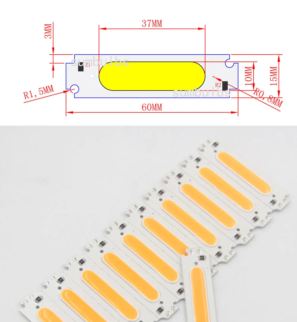 DC 12V 60*15mm COB LED Bar 2W Diode Lighting Strip Red Blue Pink Green Yellow White Color for DIY Lamp