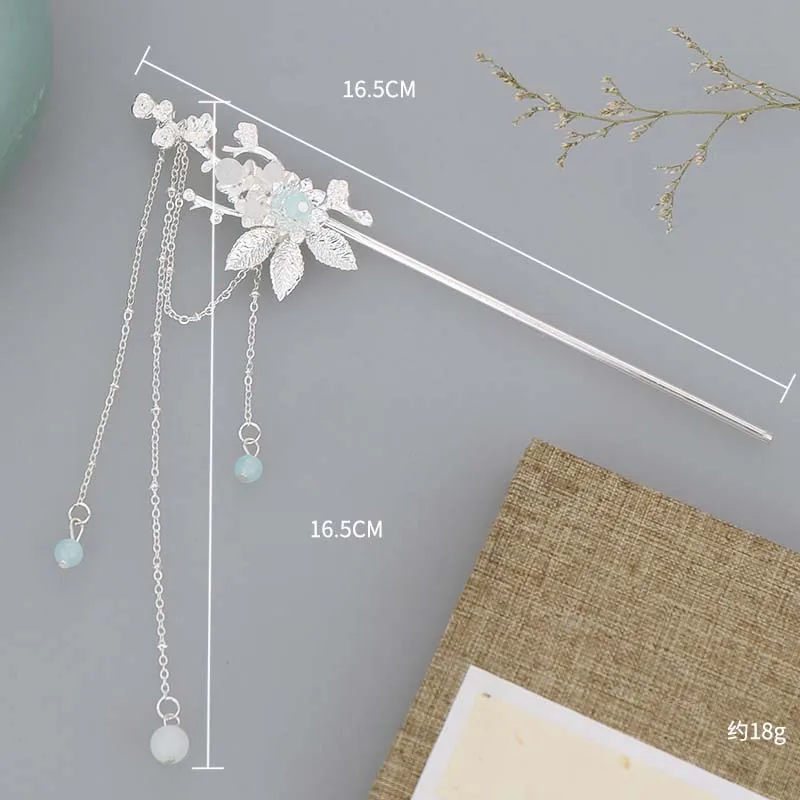 Womens Crystal Hair Clasp Flowers Shape Design Y2K Silver Step Shake Hanfu Hair Stick with Tassel Headwear Hairpins Jewelry