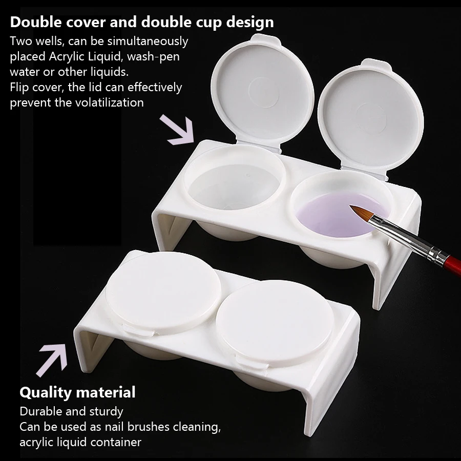 2Pcs White Acrylic Liquid Dappen Dish, Twin Cup Nail Art Pigment Holder for Monomer Nail Brushes Washing Manicure Tool