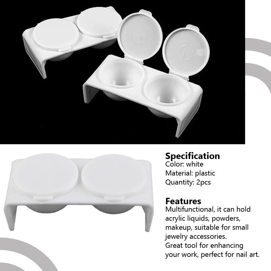 2Pcs White Acrylic Liquid Dappen Dish, Twin Cup Nail Art Pigment Holder for Monomer Nail Brushes Washing Manicure Tool