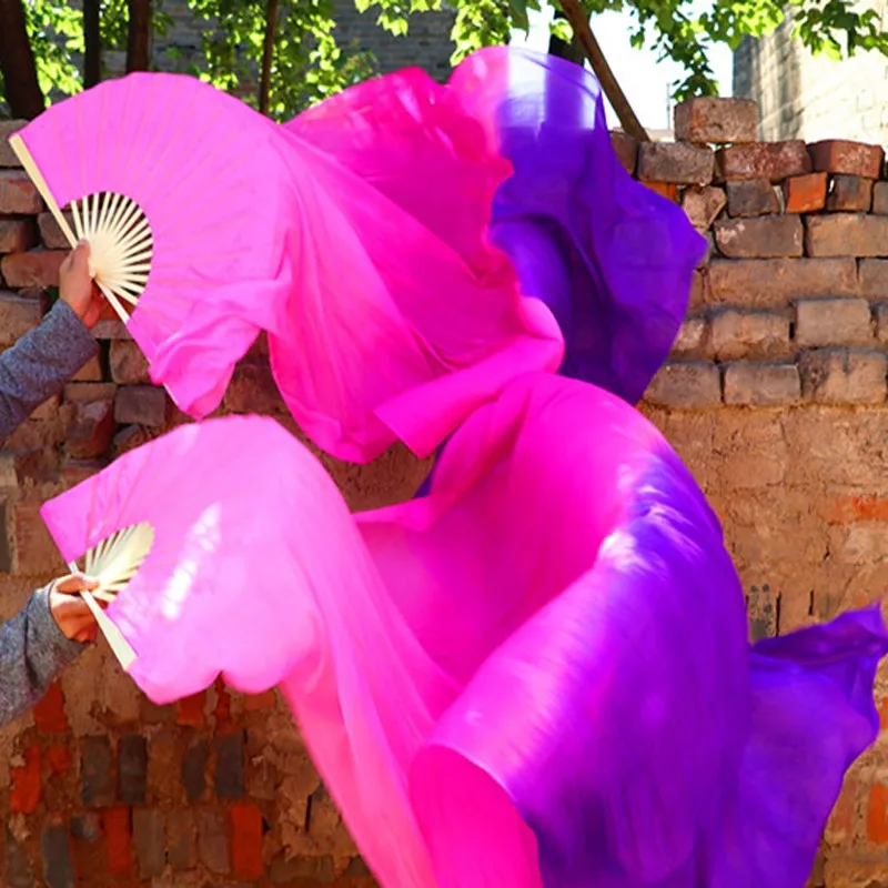 Hot-Sale 1pair/2pcs Real Silk Belly Dance Veil Fans Bamboo Handmade Dyed Performance Long Fan BellyDance 100% Real Silk Fan Veil