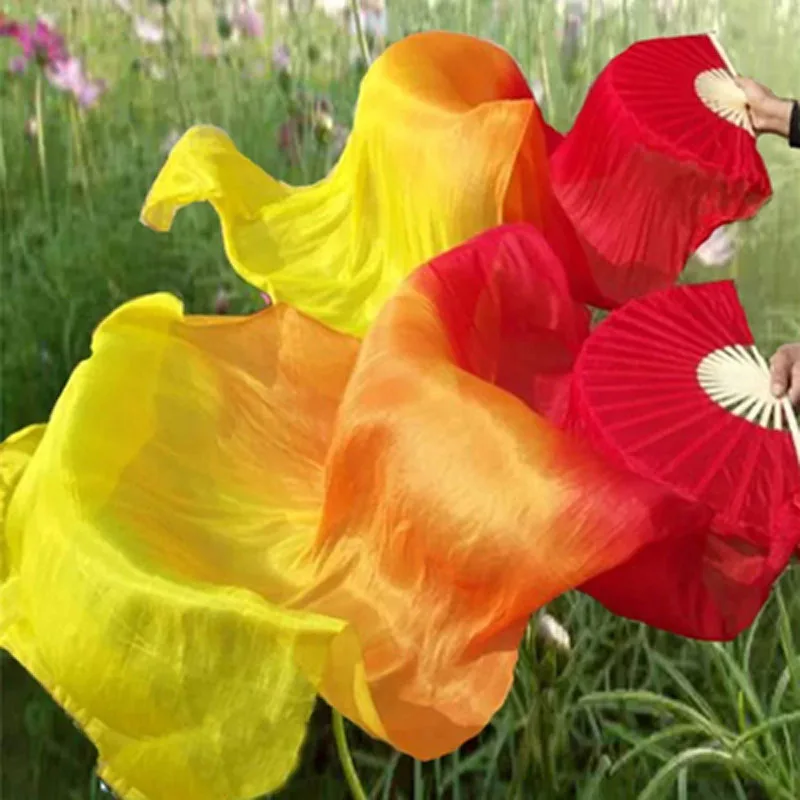 Hot-Sale 1pair/2pcs Real Silk Belly Dance Veil Fans Bamboo Handmade Dyed Performance Long Fan BellyDance 100% Real Silk Fan Veil