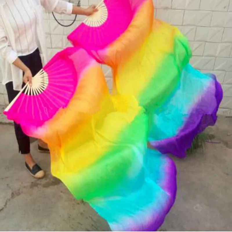Hot-Sale 1pair/2pcs Real Silk Belly Dance Veil Fans Bamboo Handmade Dyed Performance Long Fan BellyDance 100% Real Silk Fan Veil