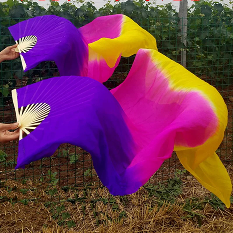 Hot-Sale 1pair/2pcs Real Silk Belly Dance Veil Fans Bamboo Handmade Dyed Performance Long Fan BellyDance 100% Real Silk Fan Veil