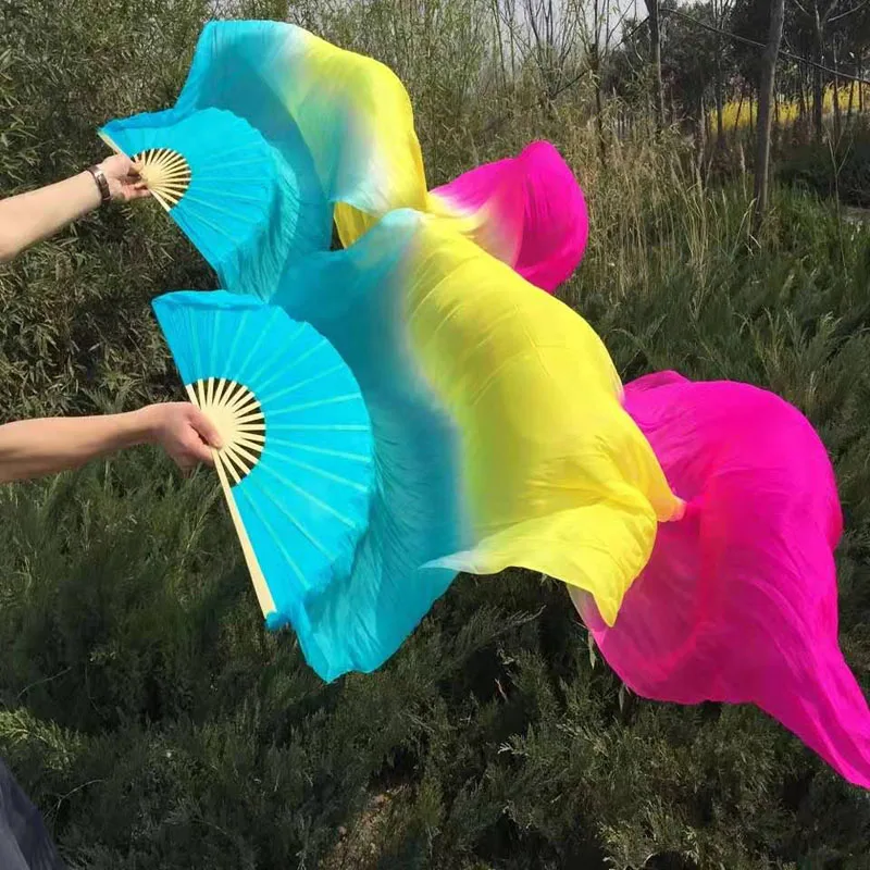 Hot-Sale 1pair/2pcs Real Silk Belly Dance Veil Fans Bamboo Handmade Dyed Performance Long Fan BellyDance 100% Real Silk Fan Veil