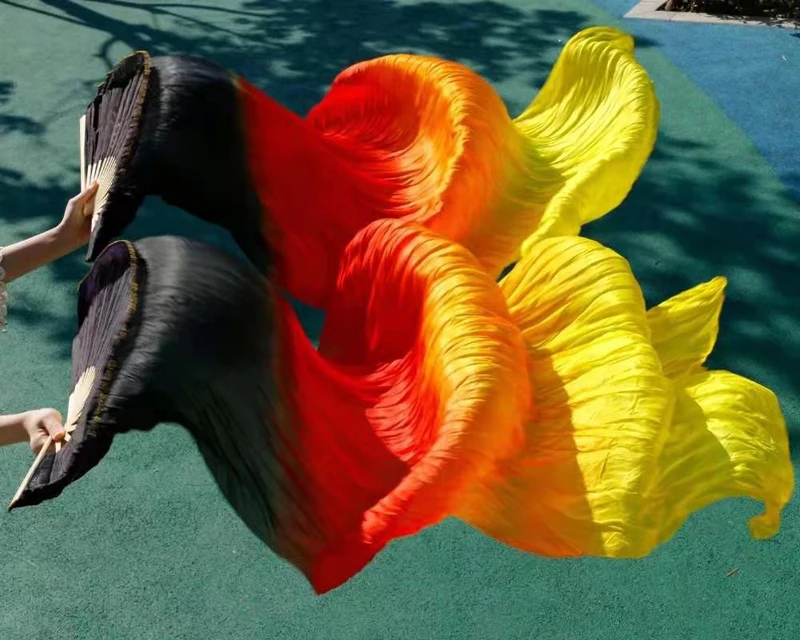 Hot-Sale 1pair/2pcs Real Silk Belly Dance Veil Fans Bamboo Handmade Dyed Performance Long Fan BellyDance 100% Real Silk Fan Veil