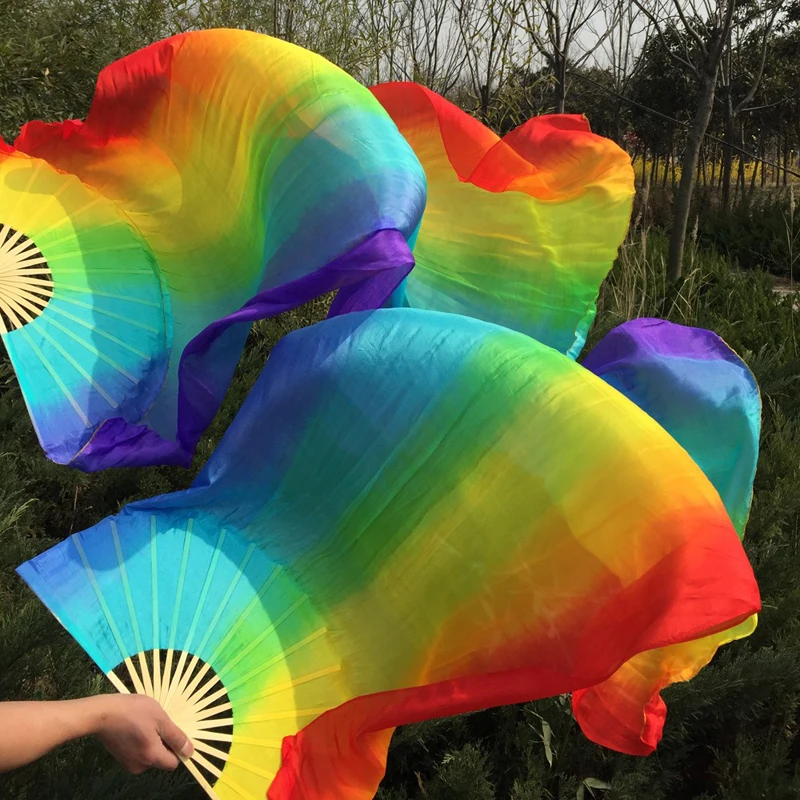 Hot-Sale 1pair/2pcs Real Silk Belly Dance Veil Fans Bamboo Handmade Dyed Performance Long Fan BellyDance 100% Real Silk Fan Veil