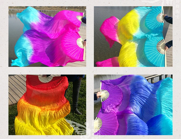 Hot-Sale 1pair/2pcs Real Silk Belly Dance Veil Fans Bamboo Handmade Dyed Performance Long Fan BellyDance 100% Real Silk Fan Veil