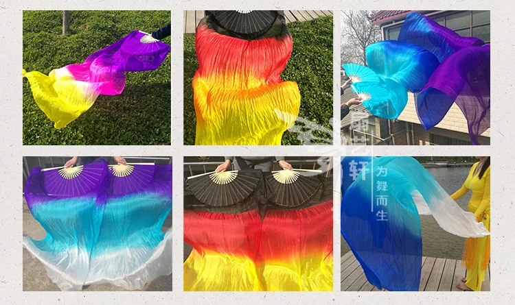 Hot-Sale 1pair/2pcs Real Silk Belly Dance Veil Fans Bamboo Handmade Dyed Performance Long Fan BellyDance 100% Real Silk Fan Veil