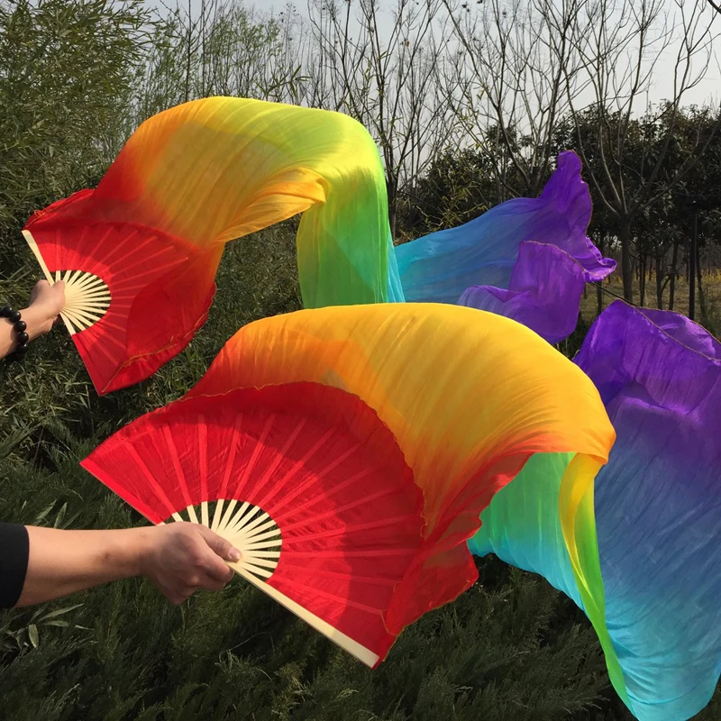 Hot-Sale 1pair/2pcs Real Silk Belly Dance Veil Fans Bamboo Handmade Dyed Performance Long Fan BellyDance 100% Real Silk Fan Veil