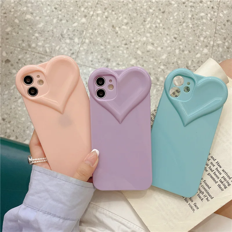 3D Love Heart Cute Phone Case For iPhone Air 14 11 12 13 15 16 17 Pro Max Candy Color Solid Soft Silicone Tpu Back Cover