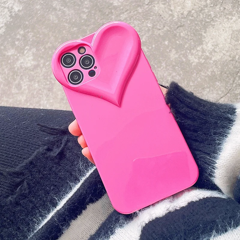 3D Love Heart Cute Phone Case For iPhone Air 14 11 12 13 15 16 17 Pro Max Candy Color Solid Soft Silicone Tpu Back Cover