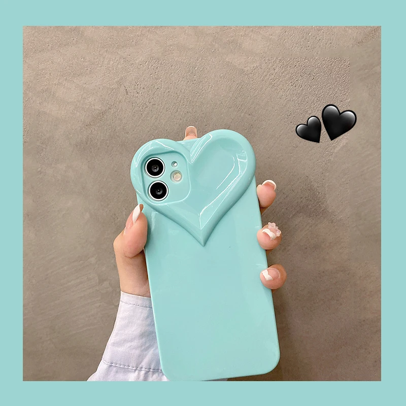 3D Love Heart Cute Phone Case For iPhone Air 14 11 12 13 15 16 17 Pro Max Candy Color Solid Soft Silicone Tpu Back Cover