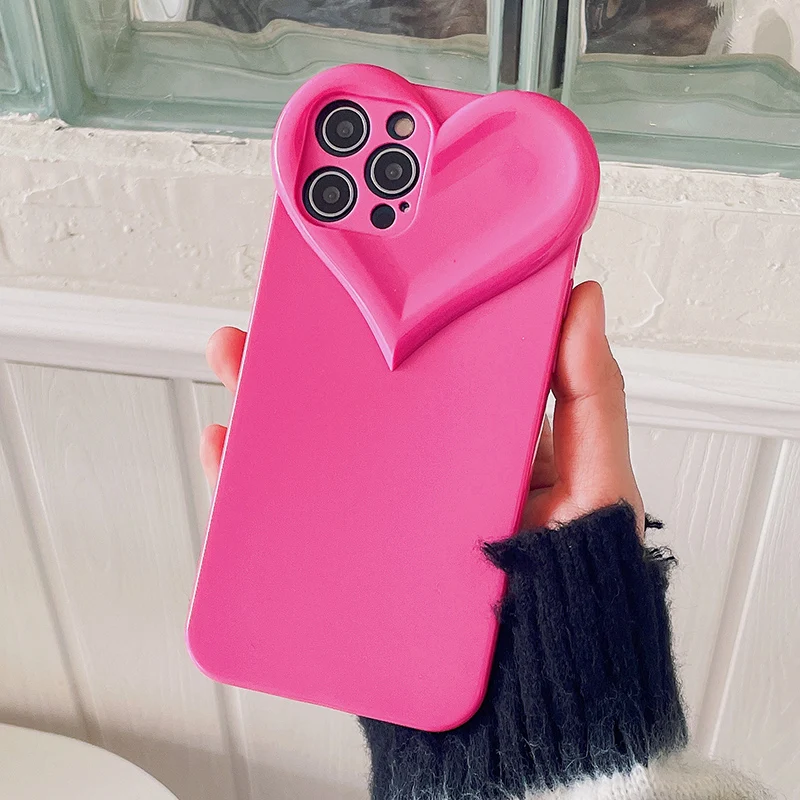 3D Love Heart Cute Phone Case For iPhone Air 14 11 12 13 15 16 17 Pro Max Candy Color Solid Soft Silicone Tpu Back Cover