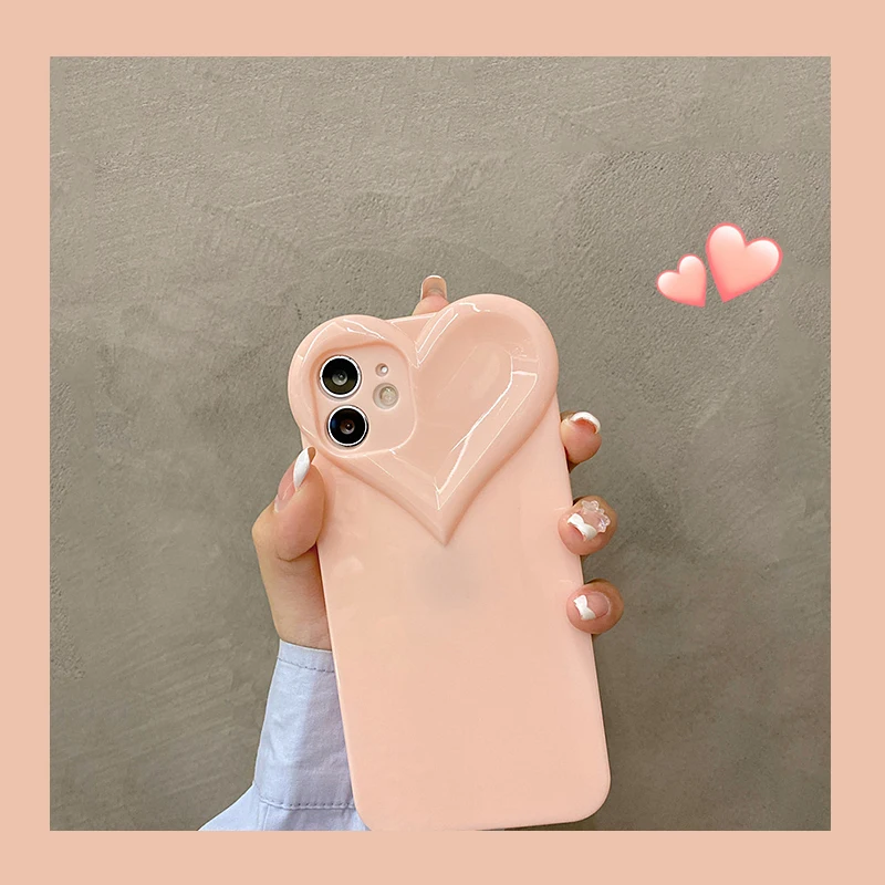 3D Love Heart Cute Phone Case For iPhone Air 14 11 12 13 15 16 17 Pro Max Candy Color Solid Soft Silicone Tpu Back Cover